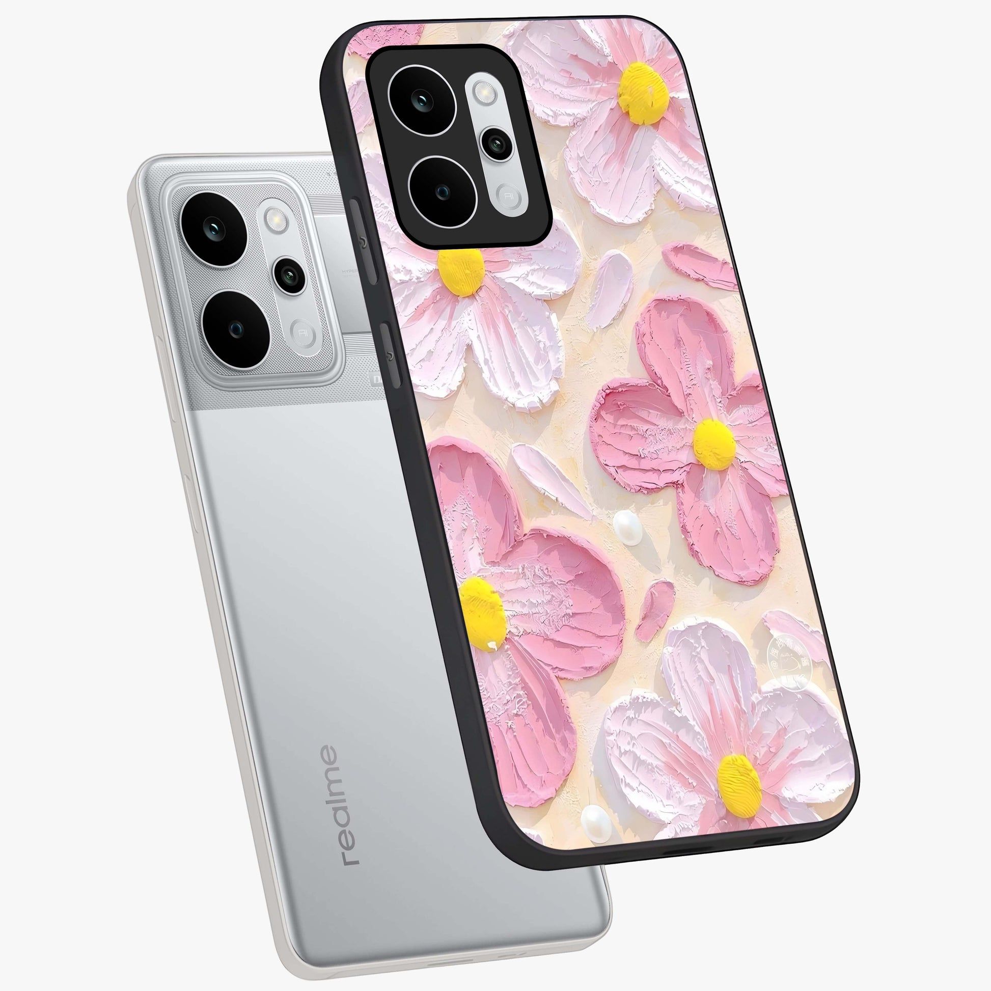 Blush Bloom Texture Glass Case displayed in angled mockup highlighting subtle bloom pattern with aesthetic pastel design.