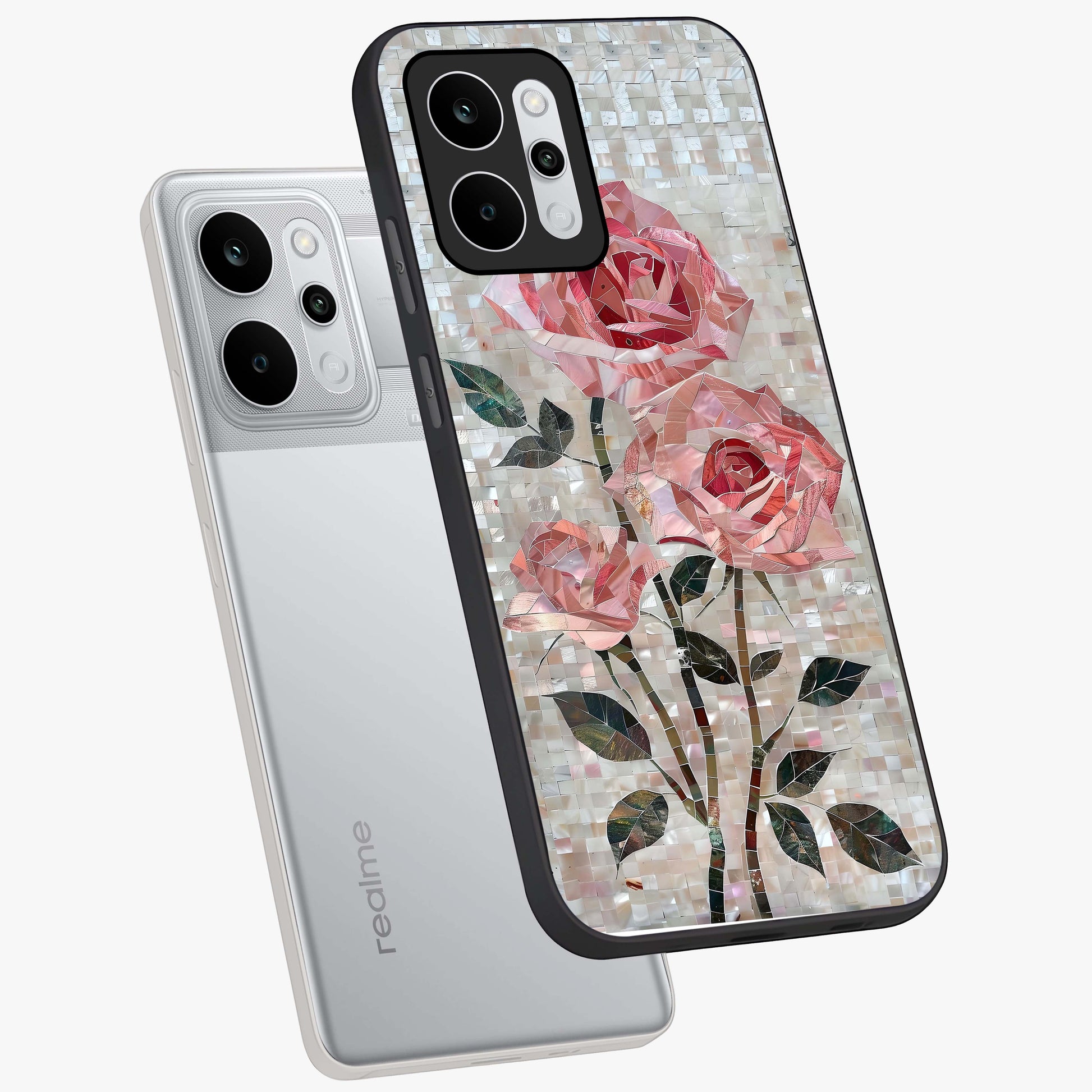 Blush Mosaic Bloom Glass Case displayed in angled mockup highlighting artistic mosaic flower pattern with aesthetic design.