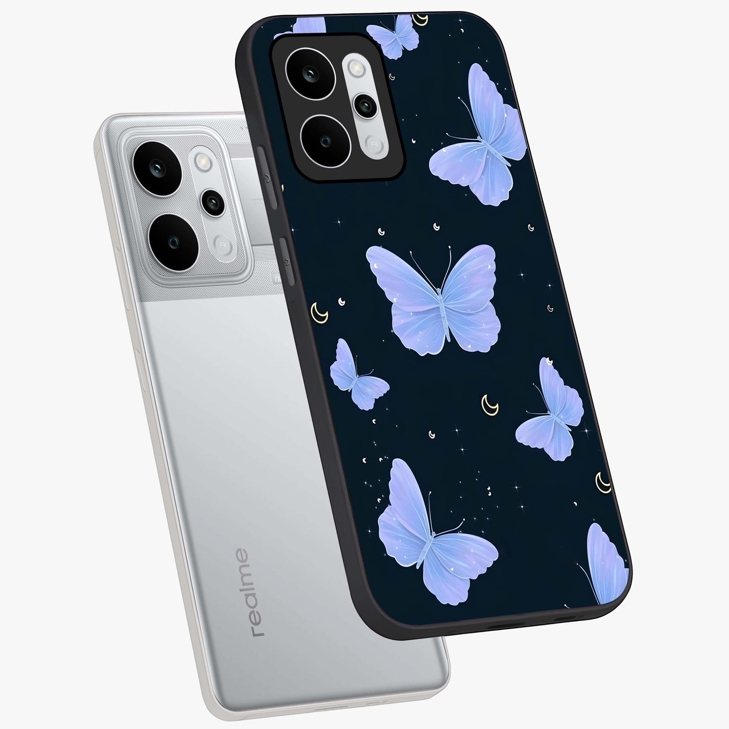 Butterfly With Stars Pattern Glass Case displayed in angled mockup highlighting dreamy butterfly and star design with aesthetic theme.