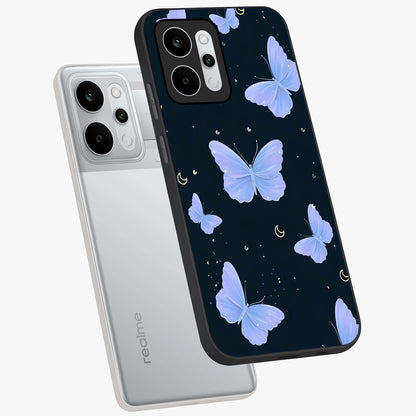 Butterfly With Stars Pattern Glass Case displayed in angled mockup highlighting dreamy butterfly and star design with aesthetic theme.