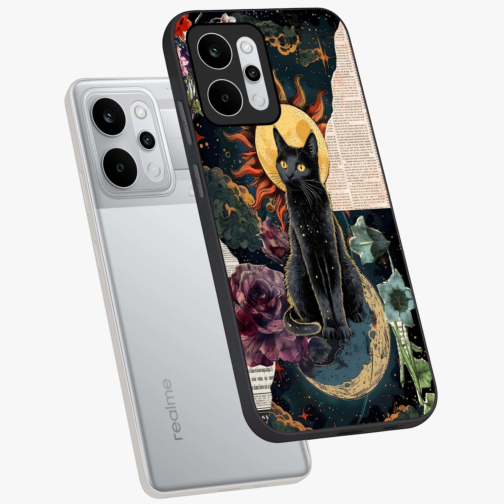 Celestial Black Cat Glass Case displayed in angled mockup highlighting cosmic black cat design with celestial aesthetic.