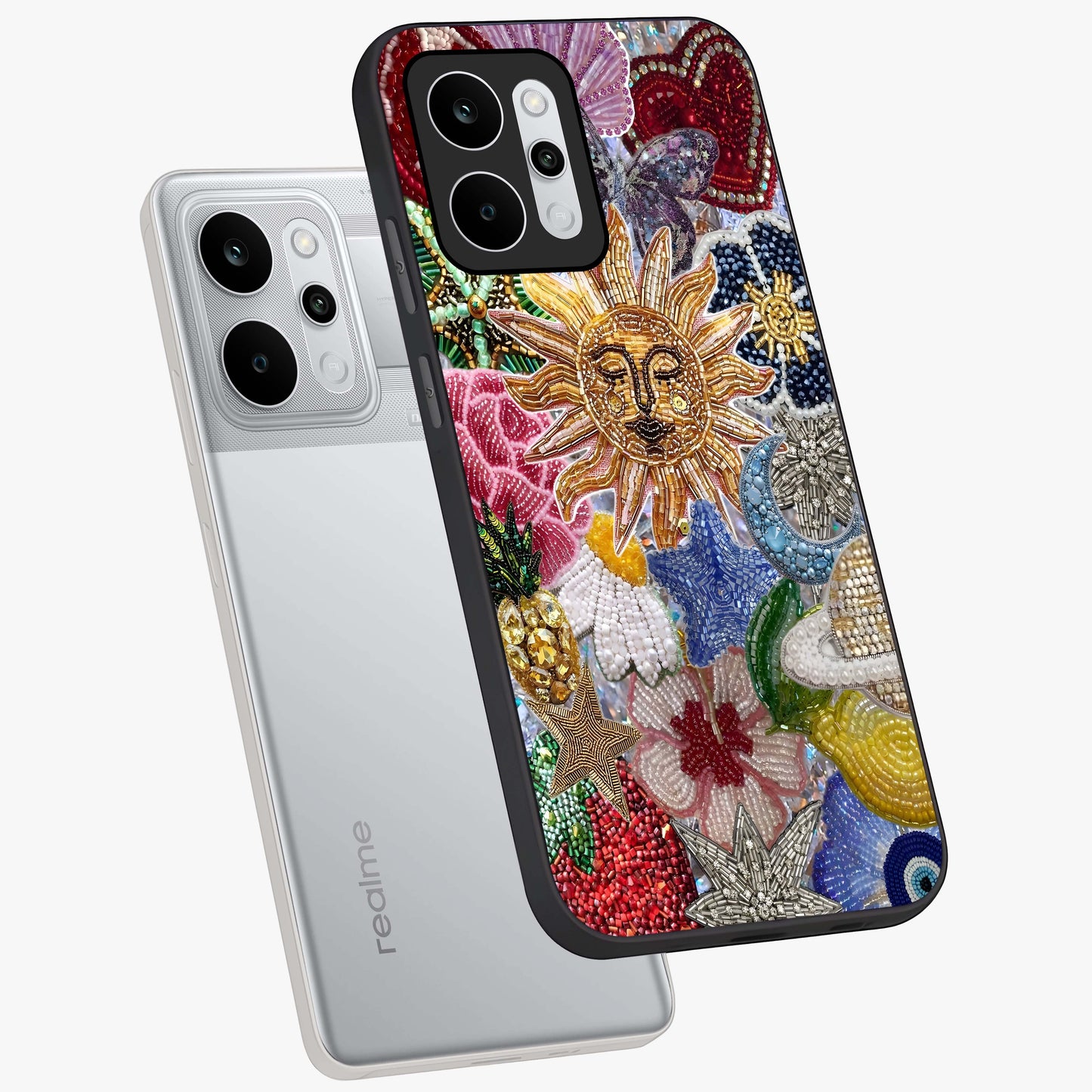 Celestial Floral and Playful Glass Case displayed in angled mockup highlighting playful floral design with dreamy celestial elements.