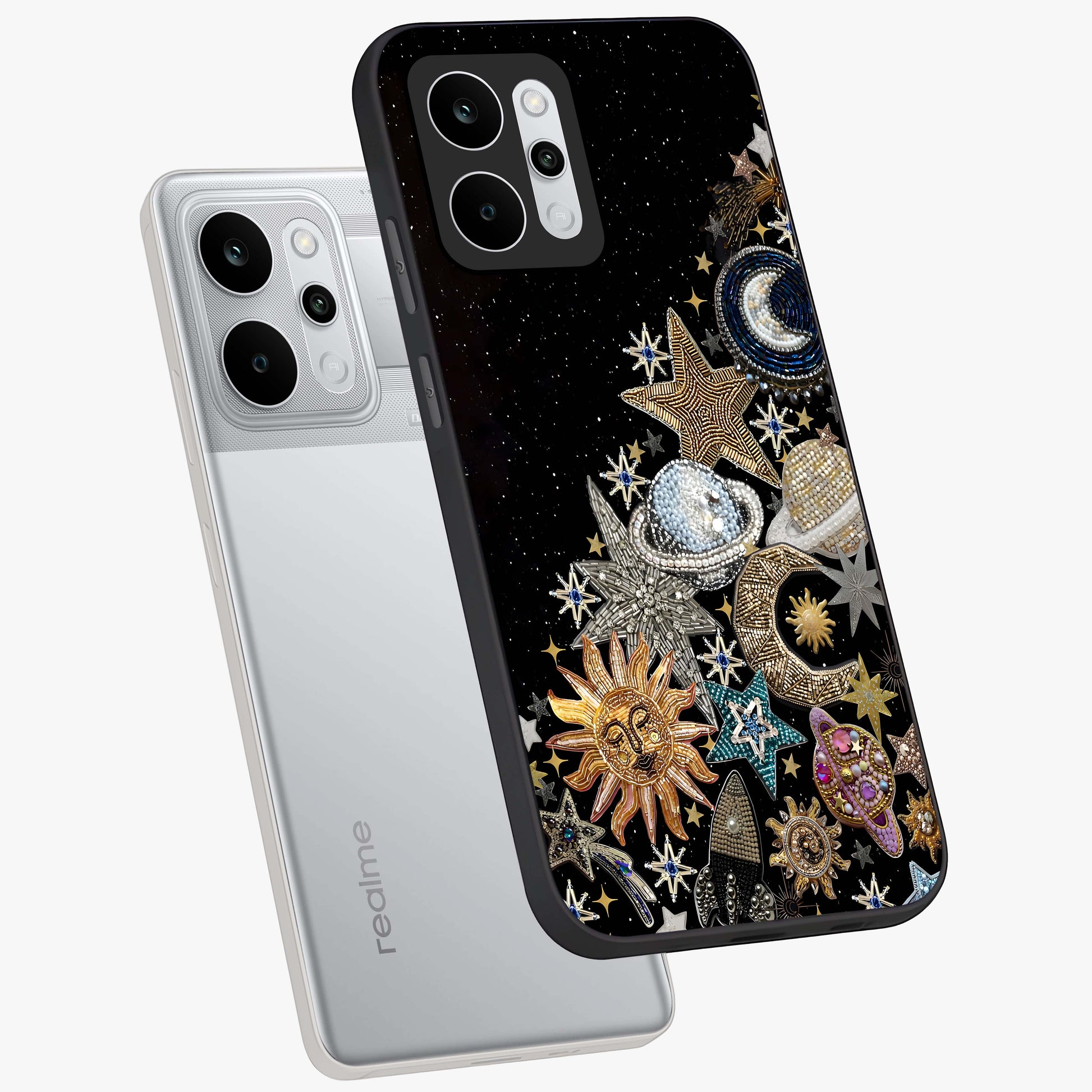 Cosmic Sparkle Dreams Glass Case displayed in angled mockup highlighting dreamy star sparkle design with celestial aesthetic.