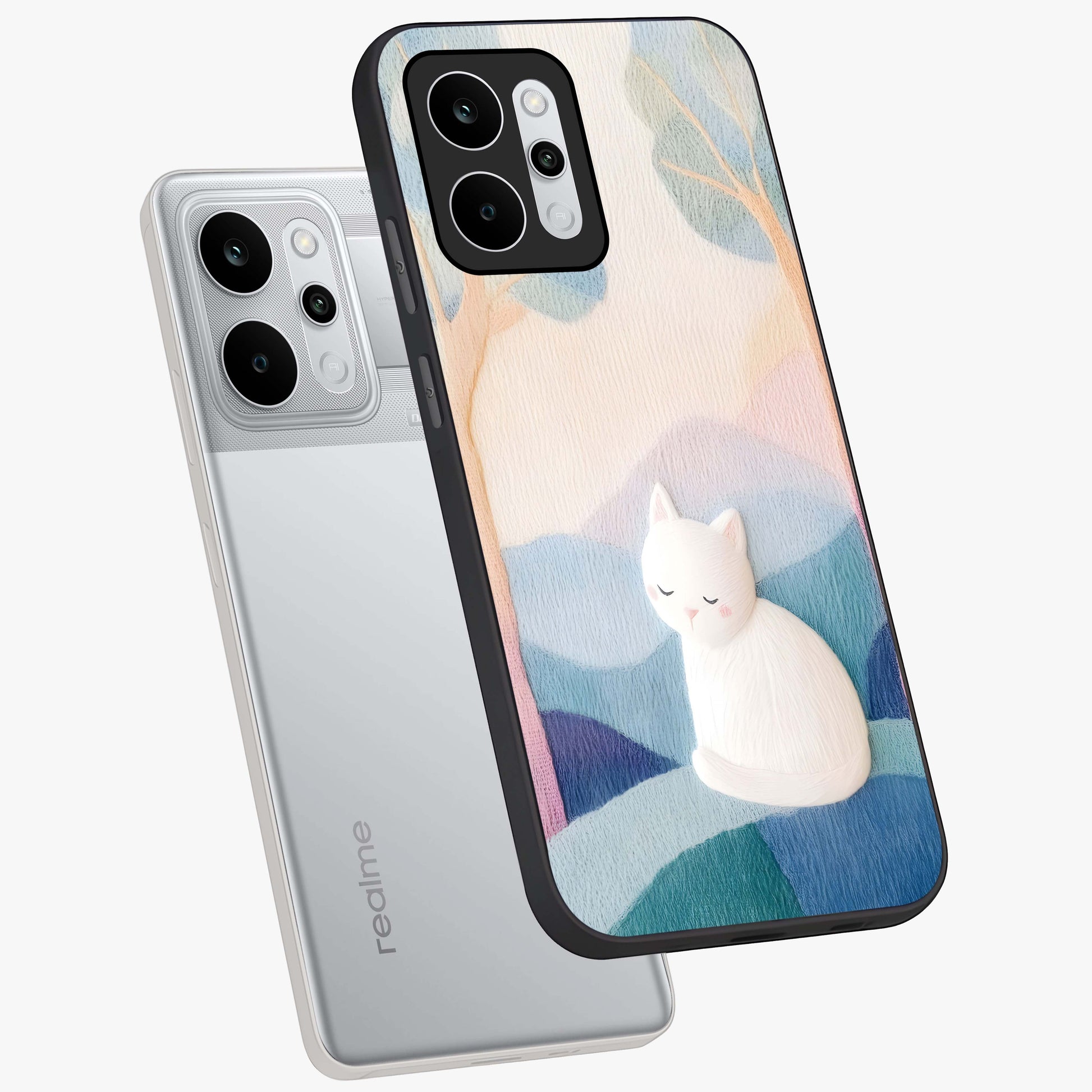 Cotton Dream Cat Glass Case displayed in angled mockup highlighting cute feline illustration with pastel aesthetic style.
