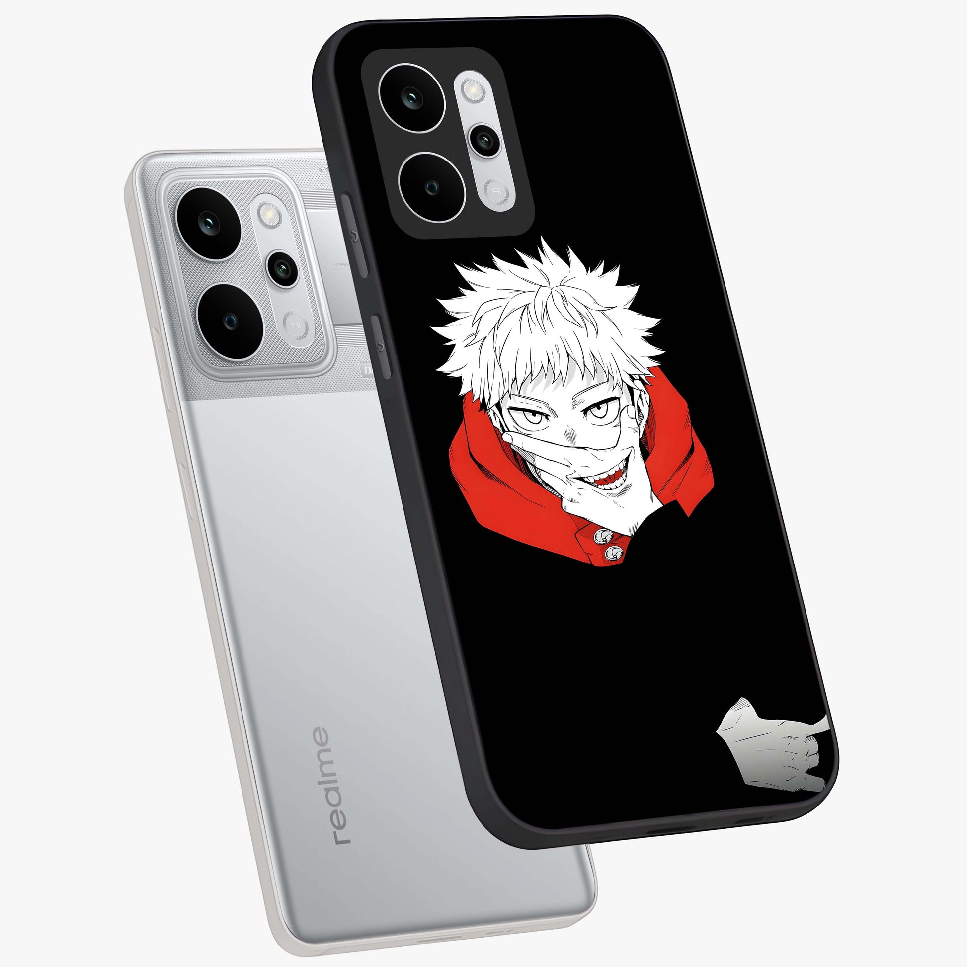 Crimson Chaos Smile Glass Case displayed in angled mockup highlighting edgy crimson smile design with graphic aesthetic.