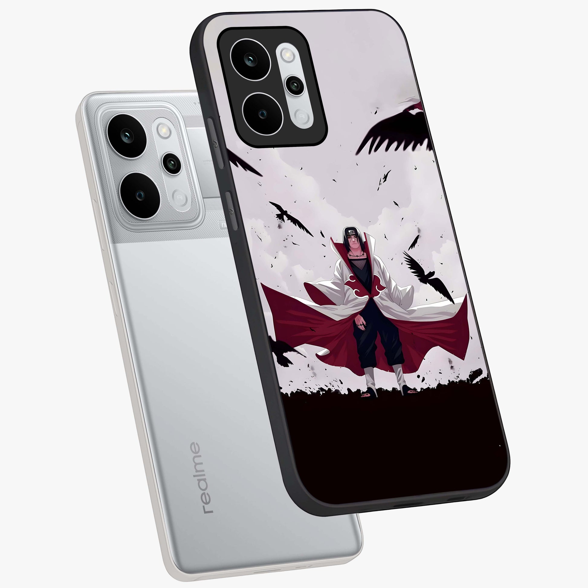Crimson Crow Ascension Glass Case displayed in angled mockup highlighting powerful crow illustration with dark crimson aesthetic.