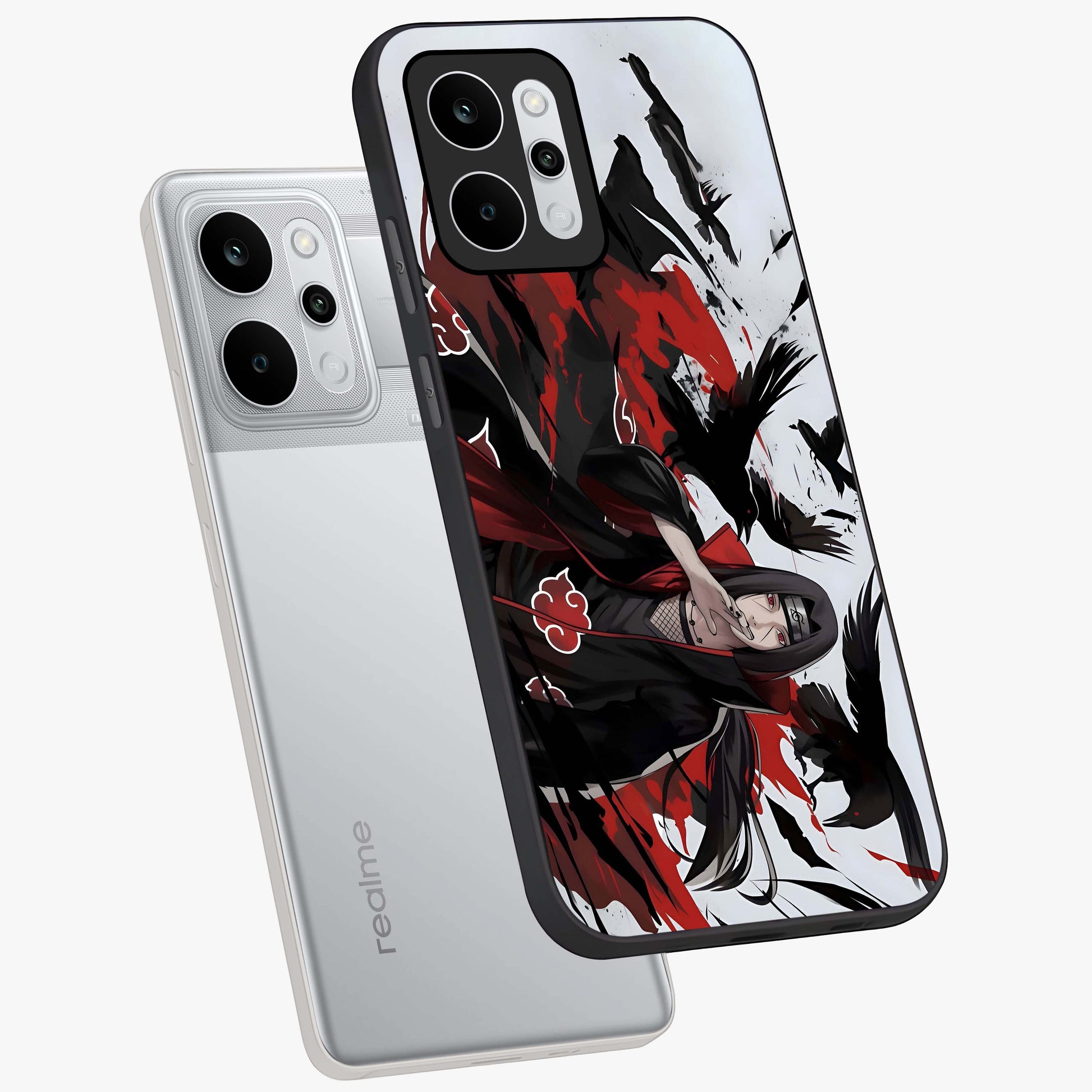 Crimson Crow Illusion Glass Case displayed in angled mockup highlighting mysterious crow graphic with dark aesthetic style.