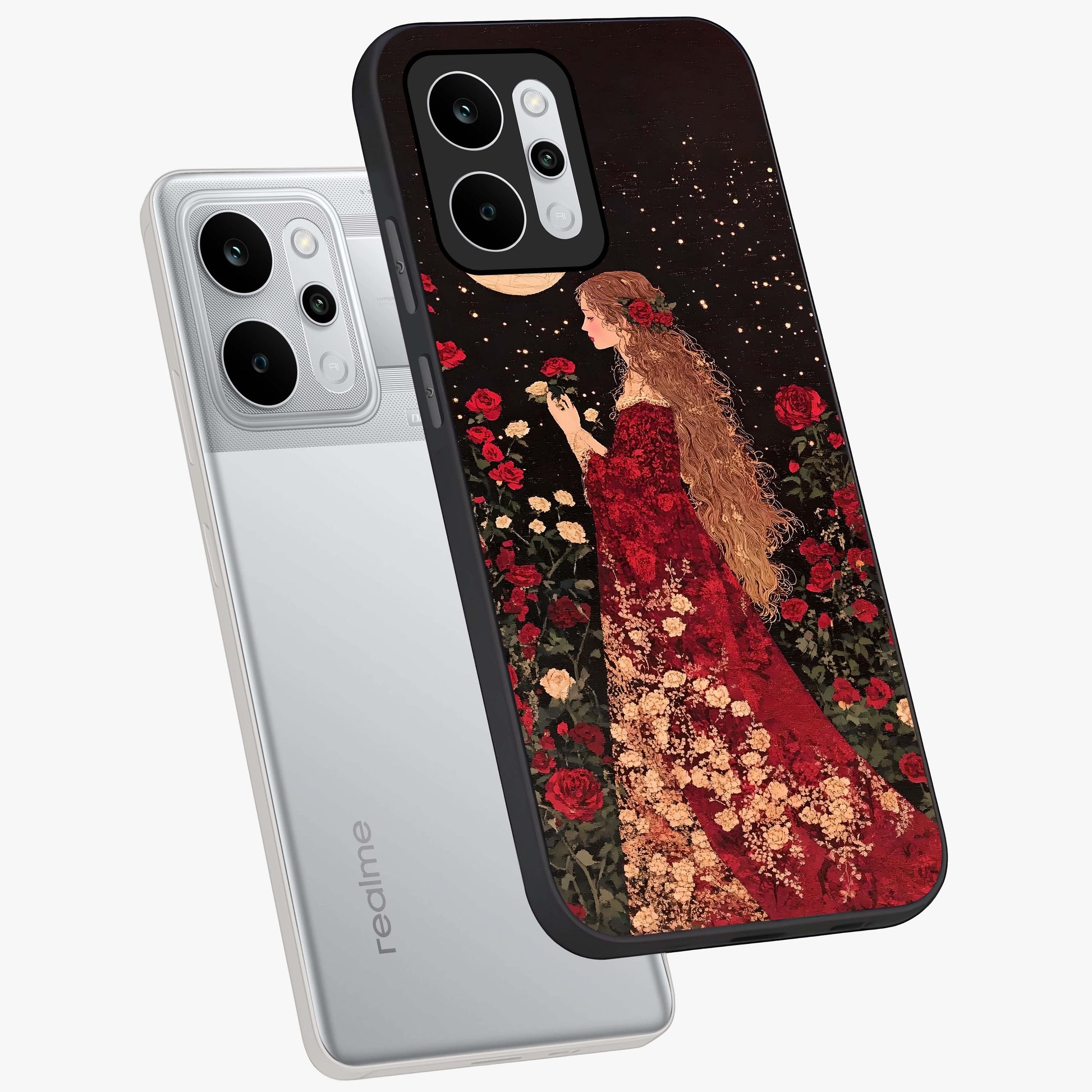 Crimson Dreams Glass Case displayed in angled mockup highlighting soft crimson aesthetic design with artistic theme.