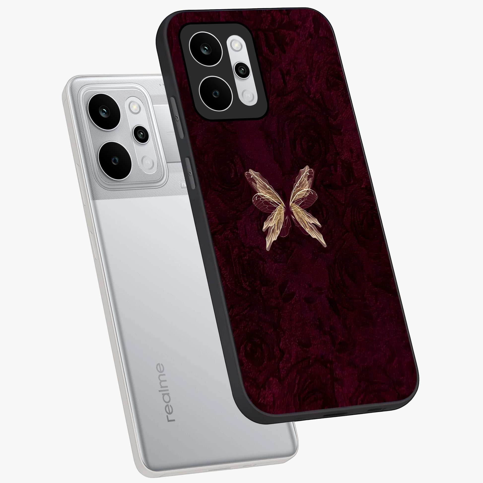 Crimson Fade Butterfly Glass Case displayed in angled mockup highlighting elegant butterfly design with crimson gradient aesthetic.