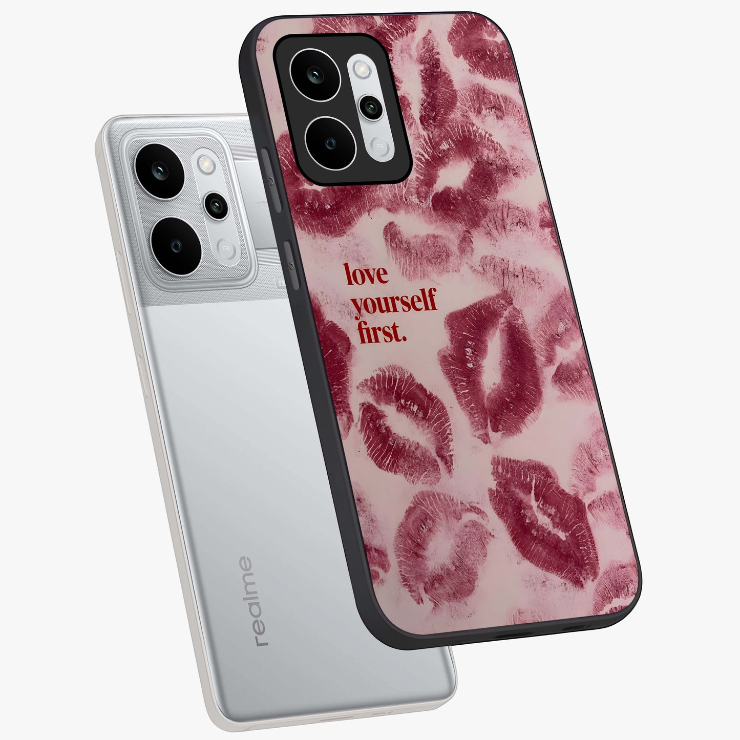 Crimson Kiss Love Glass Case displayed in angled mockup highlighting bold love inspired design with modern aesthetic style.