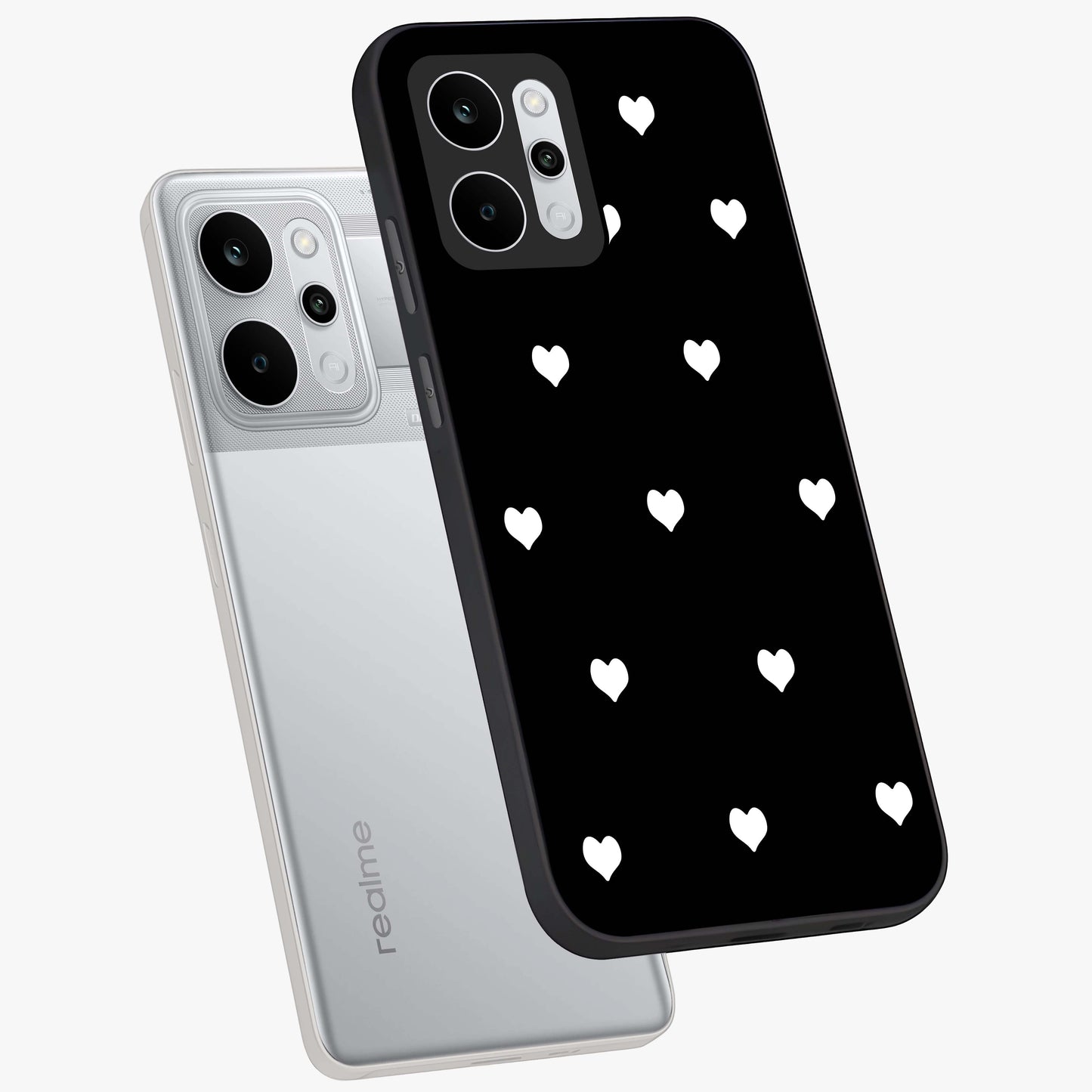 Cute And Simple White Hearts Glass Case displayed in angled mockup highlighting cute heart design with clean aesthetic style.