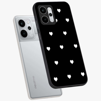 Cute And Simple White Hearts Glass Case displayed in angled mockup highlighting cute heart design with clean aesthetic style.