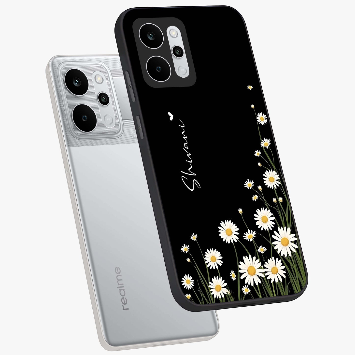 Daisy Cascade Custom Name Glass Case displayed in angled mockup highlighting delicate daisy artwork with custom name feature.