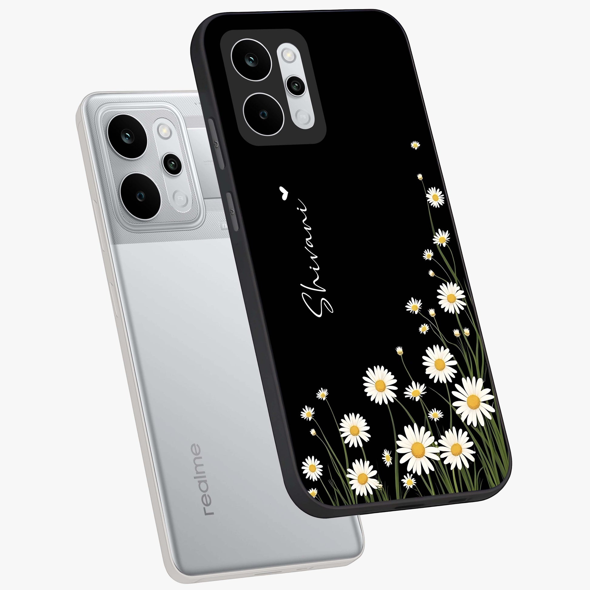 Daisy Cascade Custom Name Glass Case displayed in angled mockup highlighting delicate daisy artwork with custom name feature.