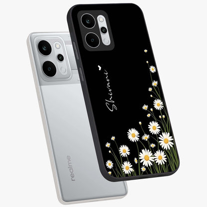 Daisy Cascade Custom Name Glass Case displayed in angled mockup highlighting delicate daisy artwork with custom name feature.