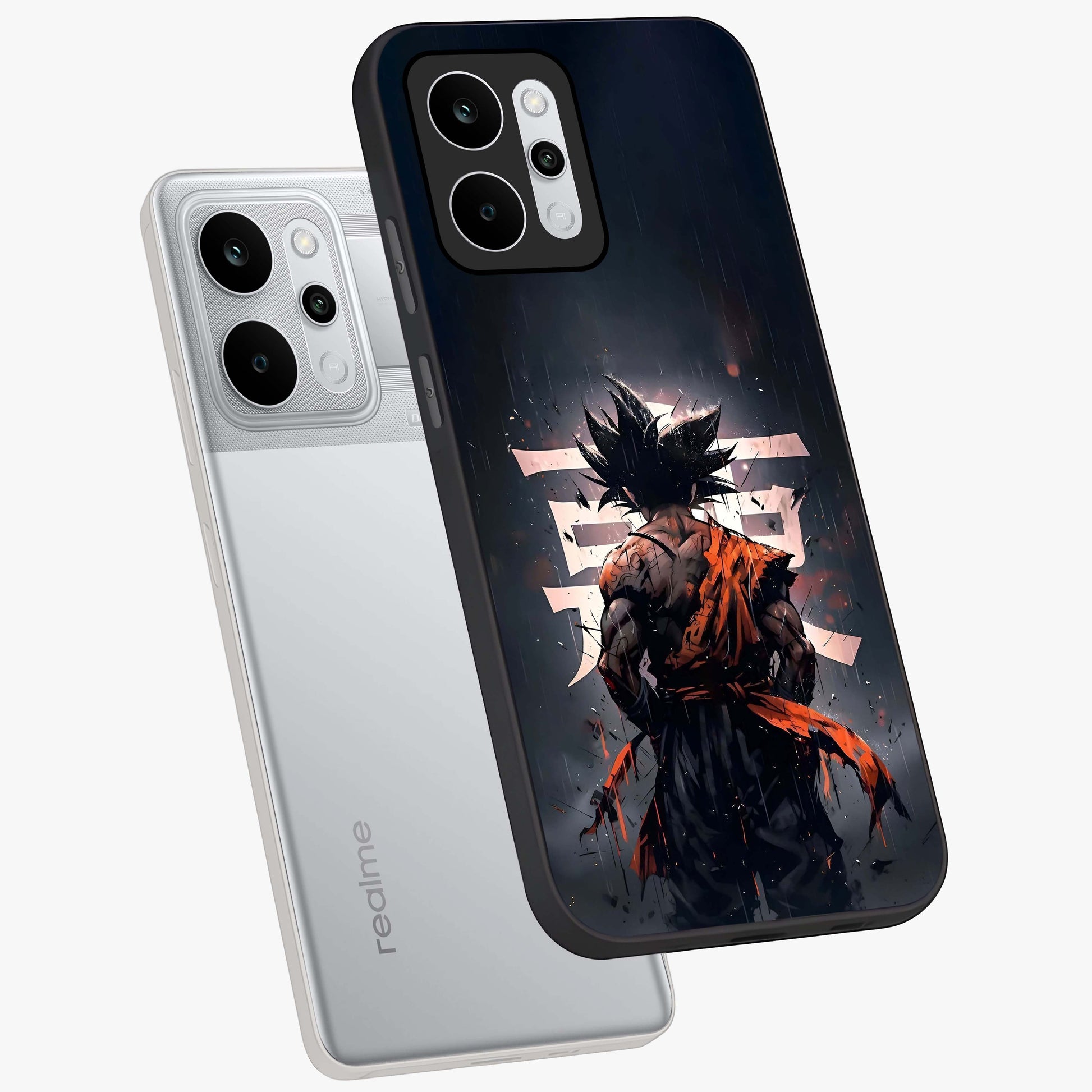 Dark Warrior In Rain Glass Case displayed in angled mockup highlighting dramatic warrior illustration with dark rain aesthetic.
