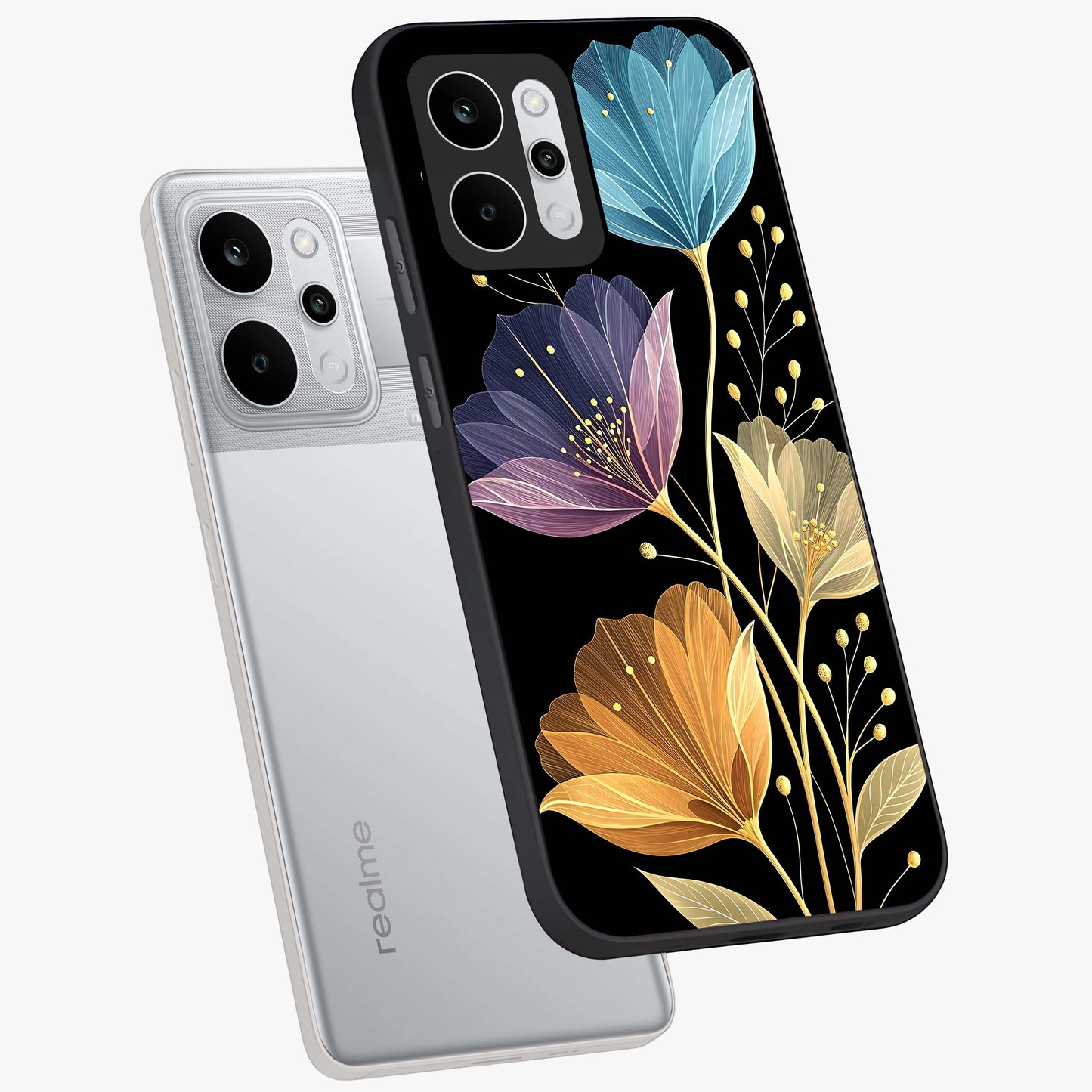 Delicate Multicolor Flowers Glass Case displayed in angled mockup highlighting colorful flower pattern with soft aesthetic style.