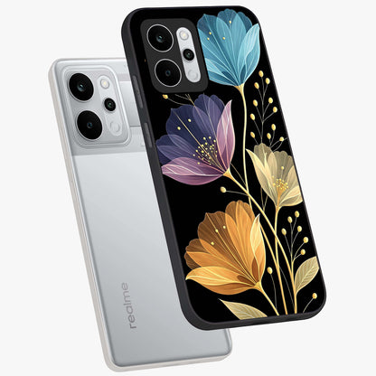 Delicate Multicolor Flowers Glass Case displayed in angled mockup highlighting colorful flower pattern with soft aesthetic style.