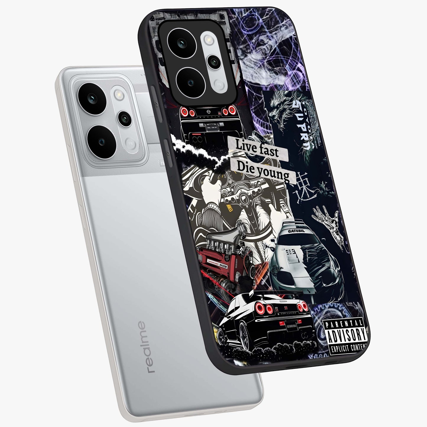 Die Young Glass Case displayed in angled mockup highlighting expressive graphic artwork with edgy aesthetic style.