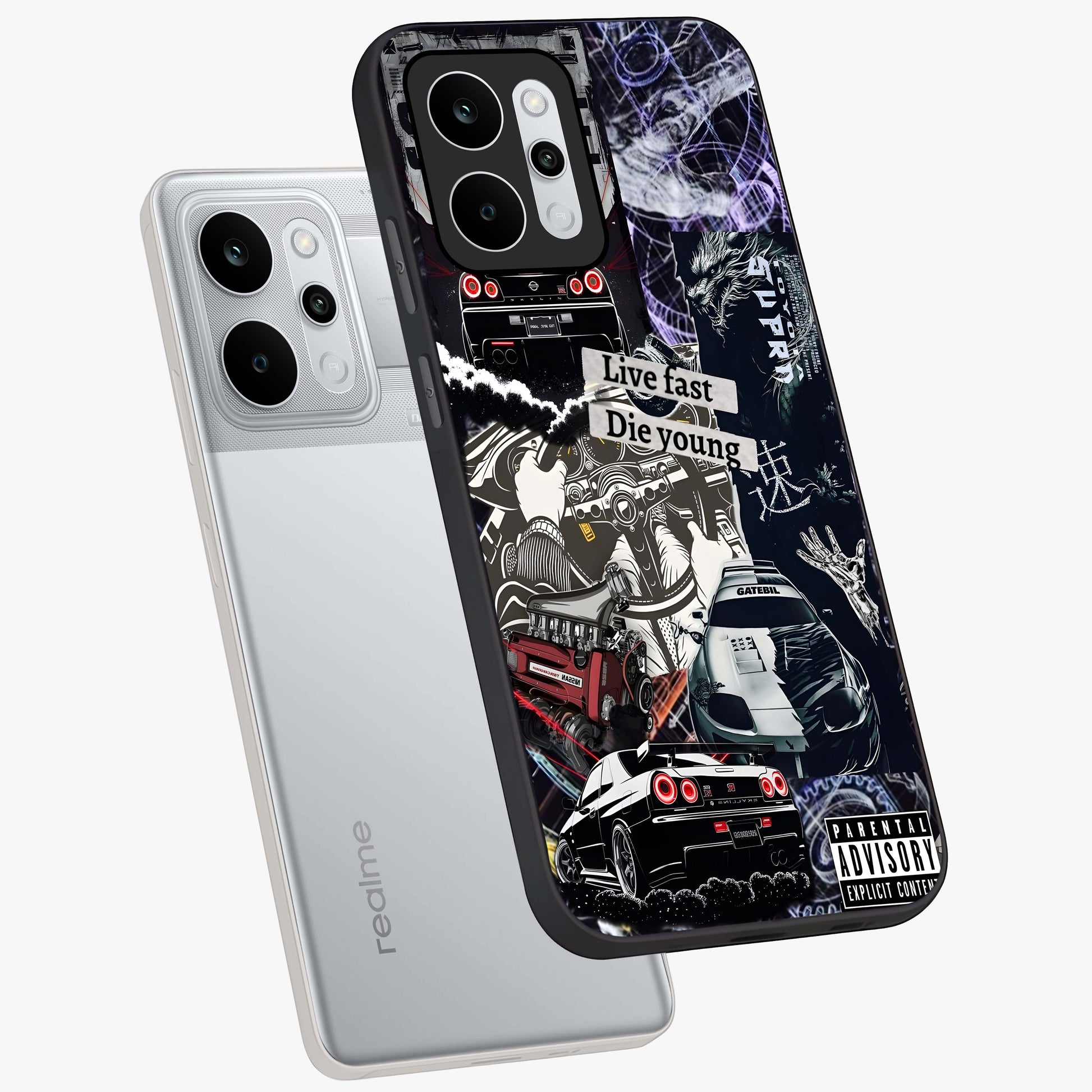Die Young Glass Case displayed in angled mockup highlighting expressive graphic artwork with edgy aesthetic style.