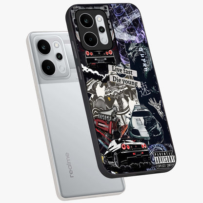 Die Young Glass Case displayed in angled mockup highlighting expressive graphic artwork with edgy aesthetic style.