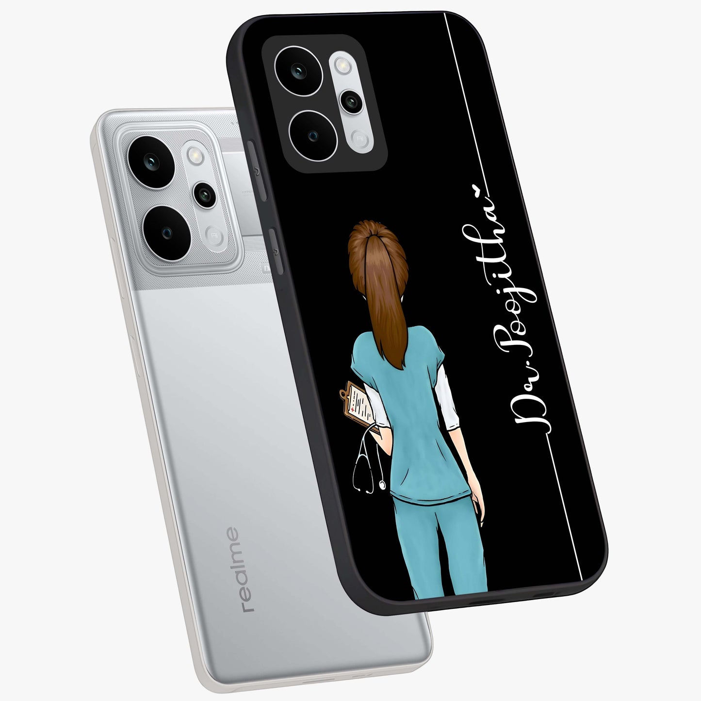 Doctor Pattern Custom Name Glass Case displayed in angled mockup highlighting doctor inspired artwork with custom name feature.