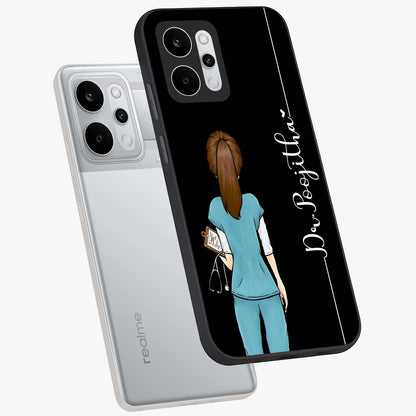 Doctor Pattern Custom Name Glass Case displayed in angled mockup highlighting doctor inspired artwork with custom name feature.