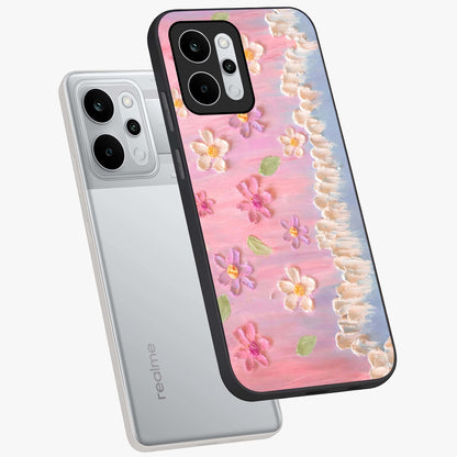 Dreamy Painted Garden Glass Case displayed in angled mockup highlighting colorful garden illustration with dreamy aesthetic style.