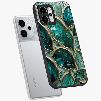 Emerald Leaf Glass Glass Case displayed in angled mockup highlighting botanical leaf illustration with elegant natural aesthetic.