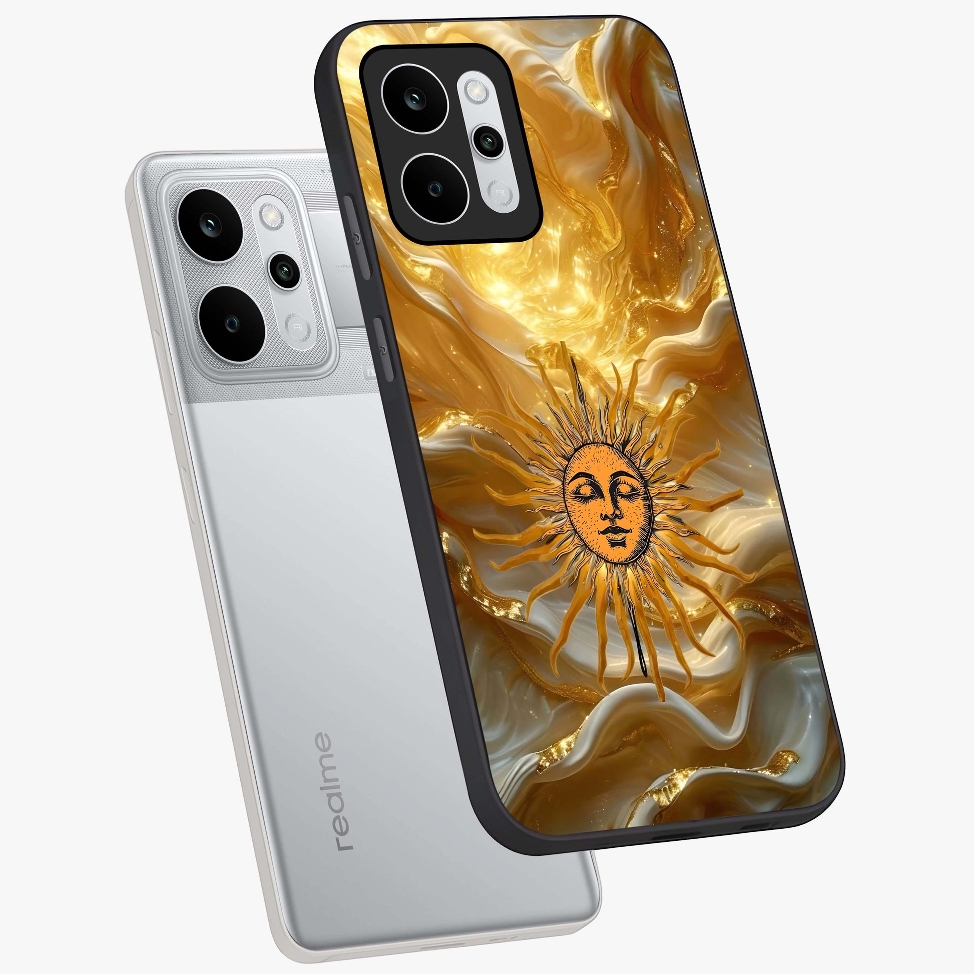 Eternal Golden Glow Glass Case displayed in angled mockup highlighting glowing golden aesthetic design with elegant style.
