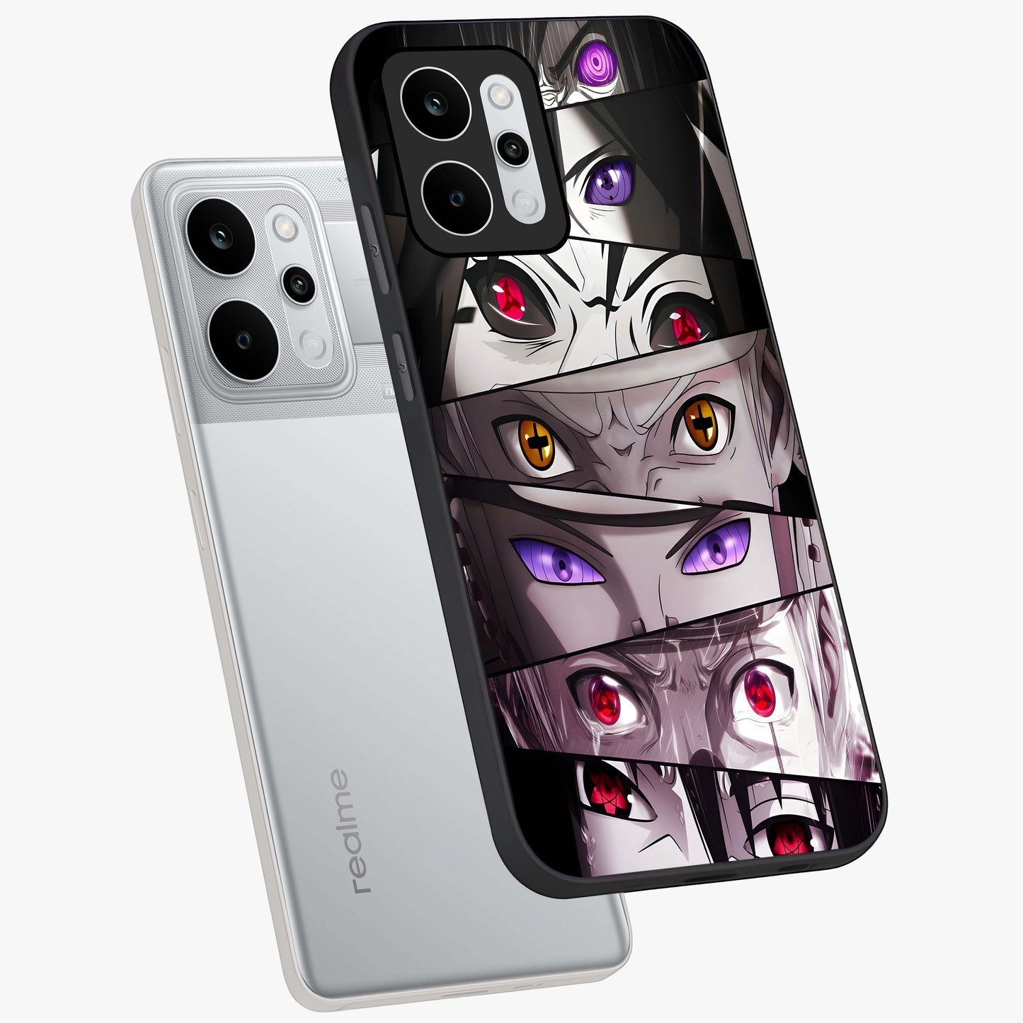 Eyes of Destiny Glass Case displayed in angled mockup highlighting bold eye illustration with mystical aesthetic style.