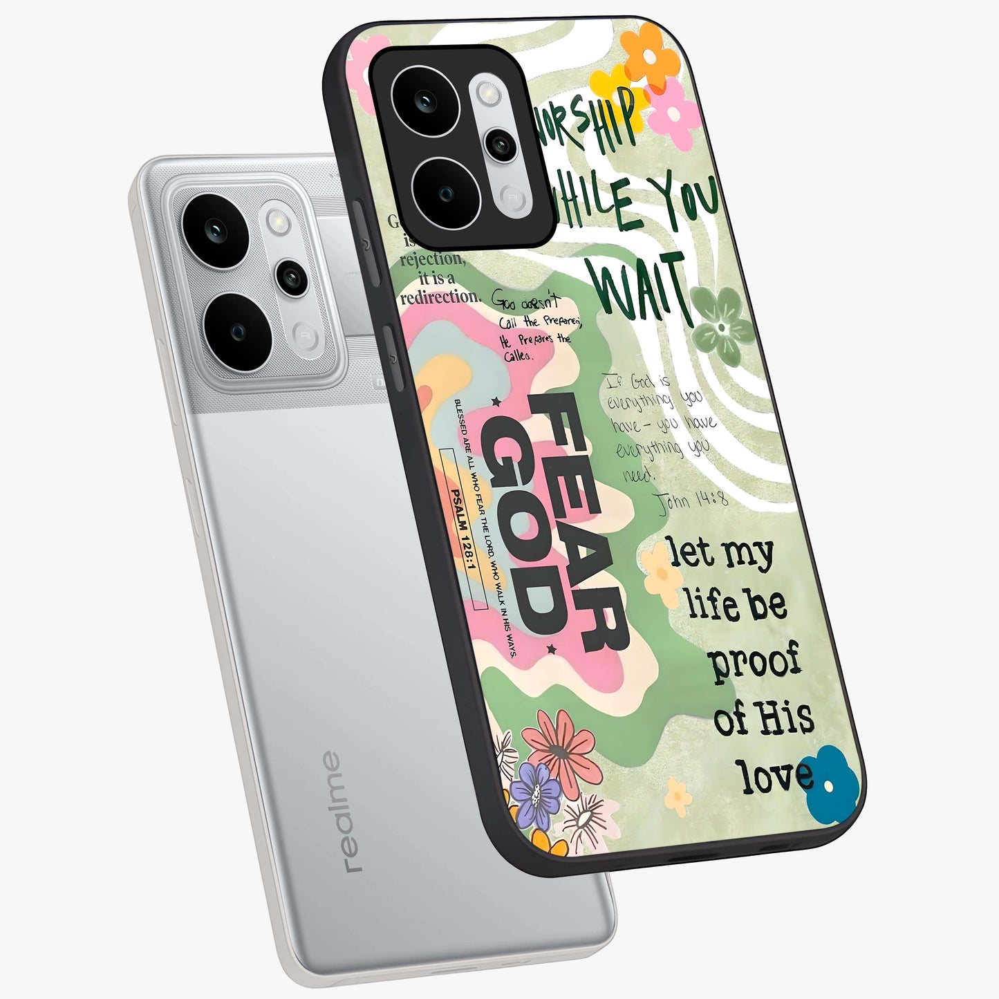 Faith Over Fear Glass Case displayed in angled mockup highlighting inspirational message design with modern aesthetic style.