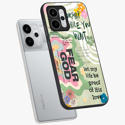 Faith Over Fear Glass Case displayed in angled mockup highlighting inspirational message design with modern aesthetic style.