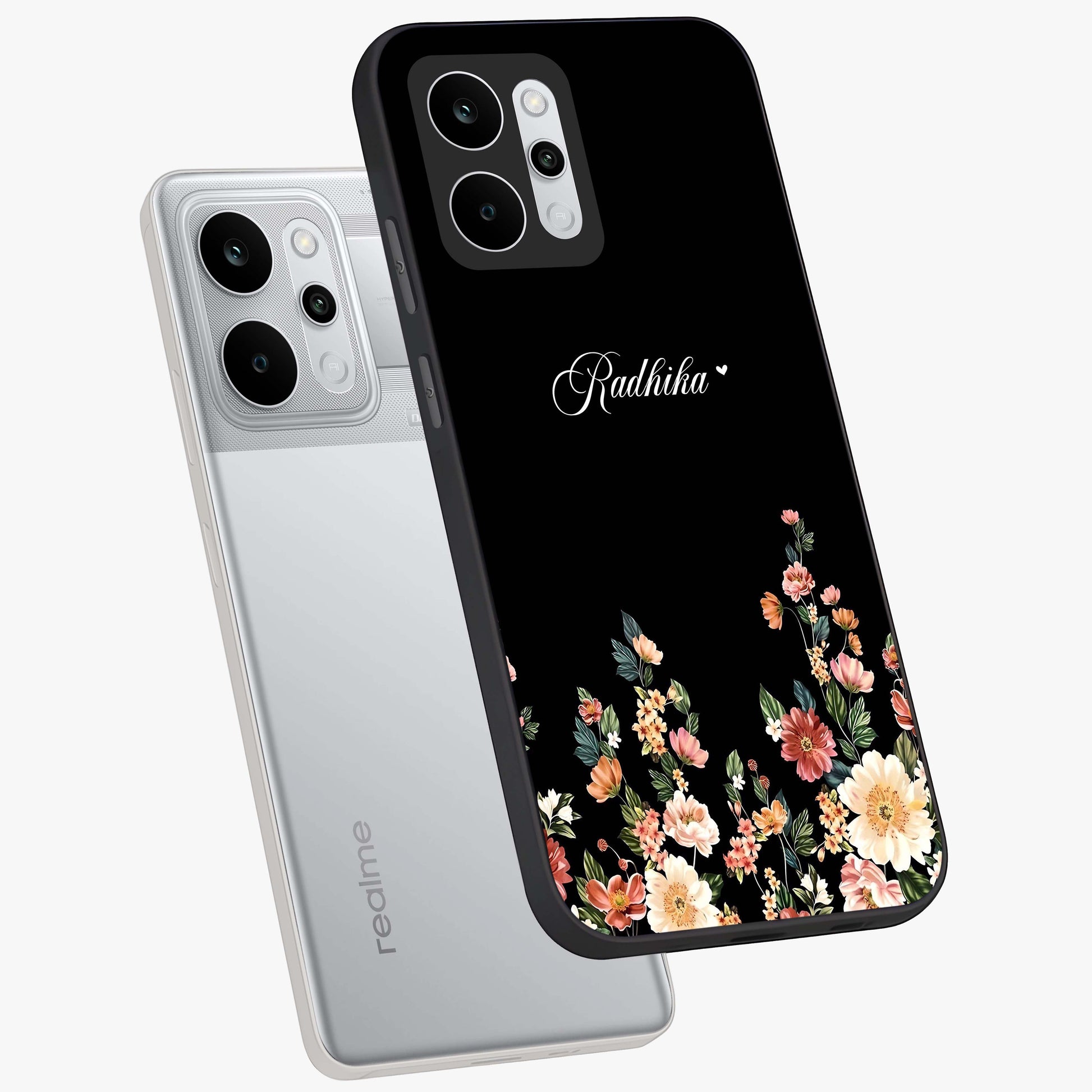 Floral Design With a Custom Personalized Name Glass Case displayed in angled mockup highlighting elegant floral pattern with custom name feature.