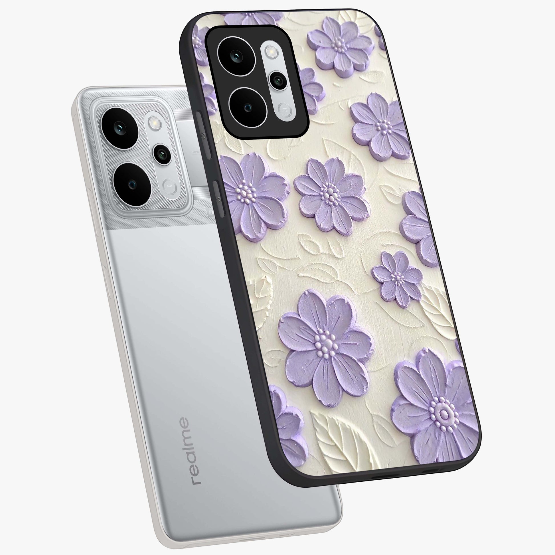 Floral Wall Art With Purple Flowers Glass Case displayed in angled mockup highlighting vibrant purple floral illustration with artistic aesthetic.
