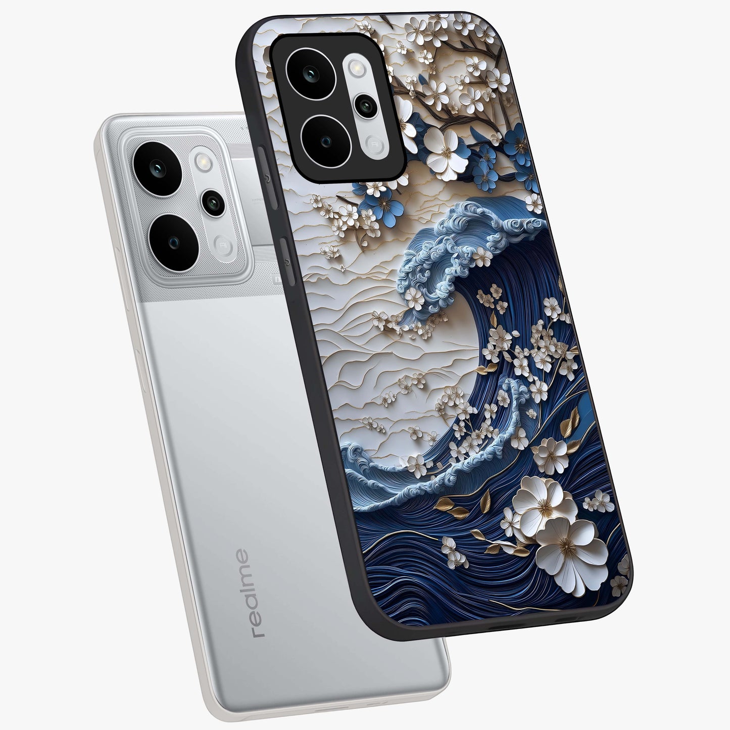 Floral Wave Origami Glass Case displayed in angled mockup highlighting geometric origami flower design with modern aesthetic style.