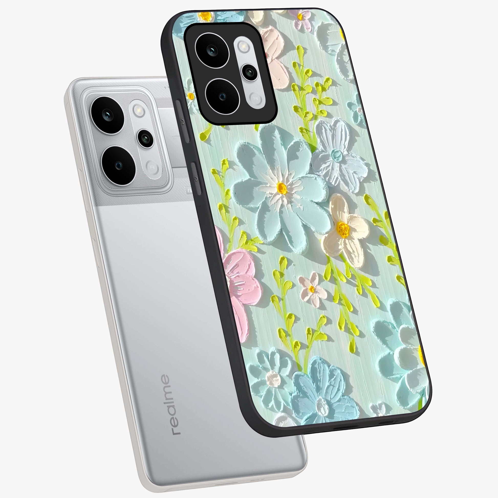 Frosted Petal Garden Glass Case displayed in angled mockup highlighting delicate flower petal design with calm garden aesthetic.