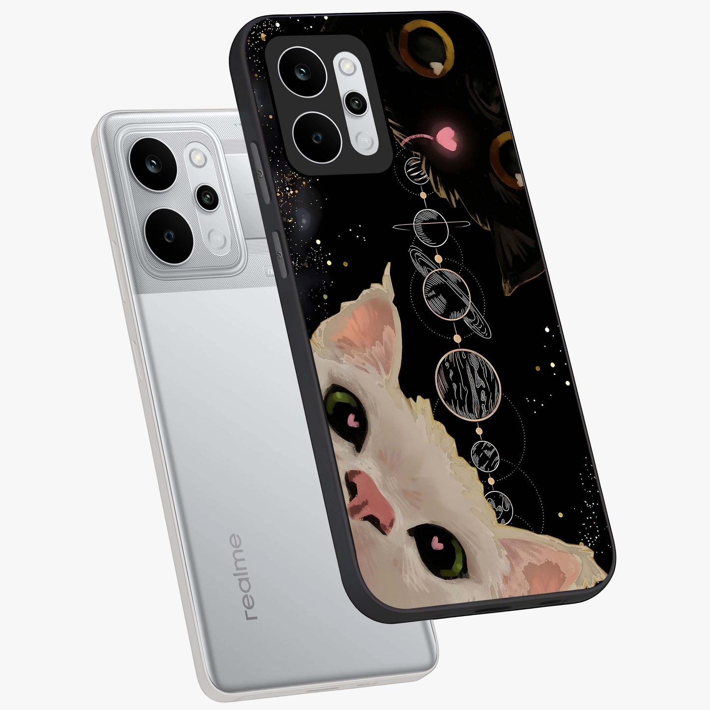 Galactic Cat Glass Case displayed in angled mockup highlighting celestial feline illustration with galaxy aesthetic style.