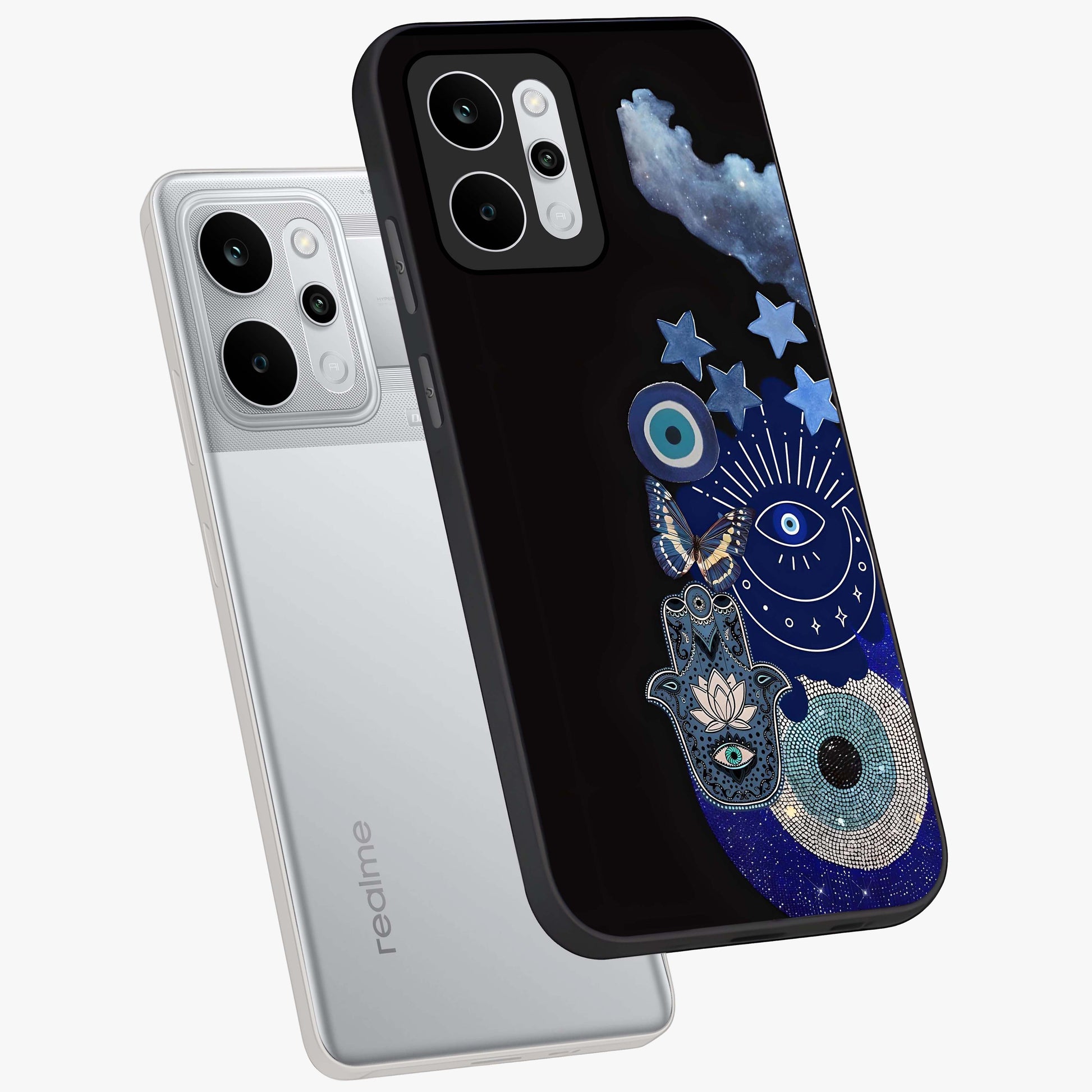 Galactic Charm Cluster Glass Case displayed in angled mockup highlighting luminous galaxy inspired design with dreamy aesthetic.