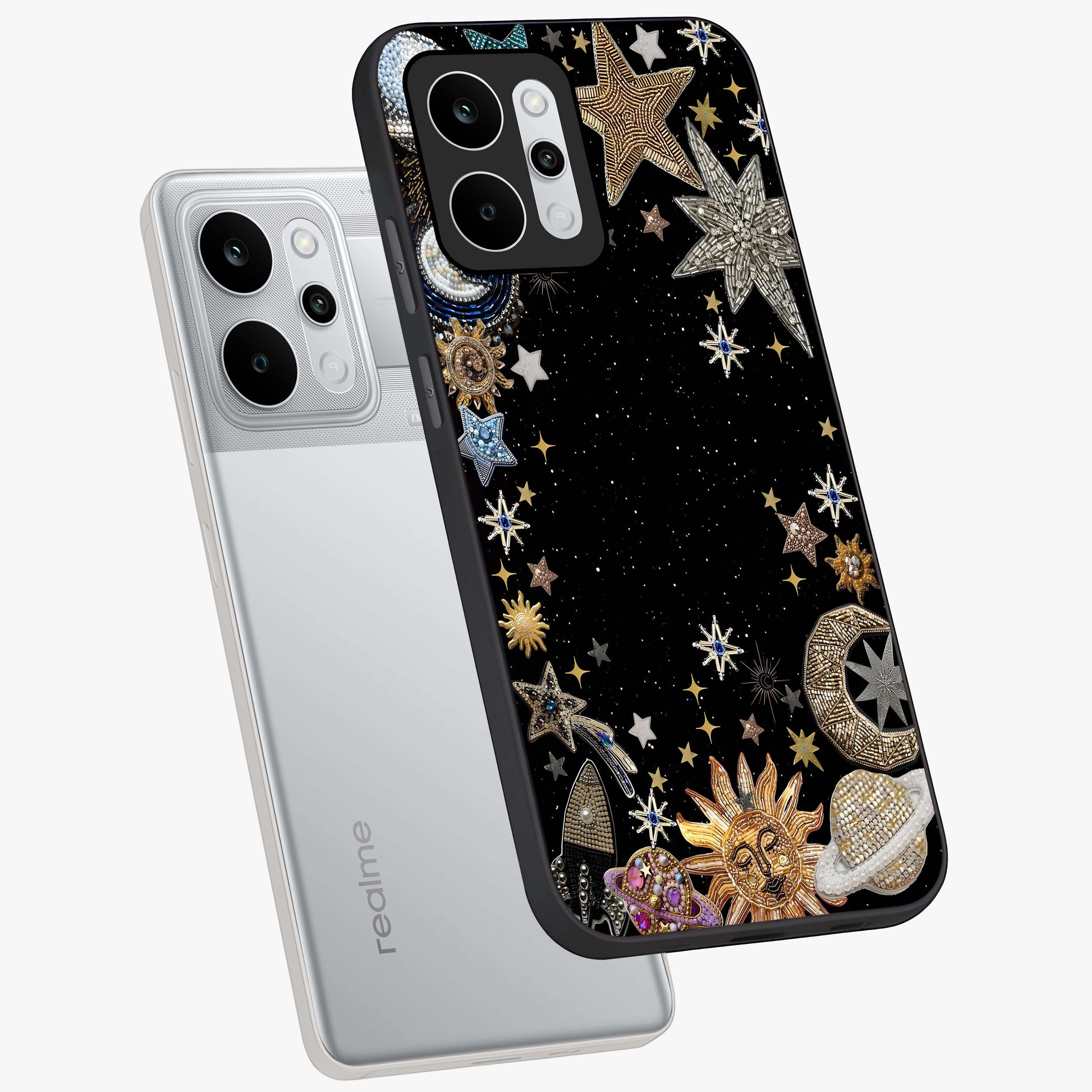 Galactic Jewel Stars Glass Case displayed in angled mockup highlighting shining celestial star design with cosmic aesthetic style.