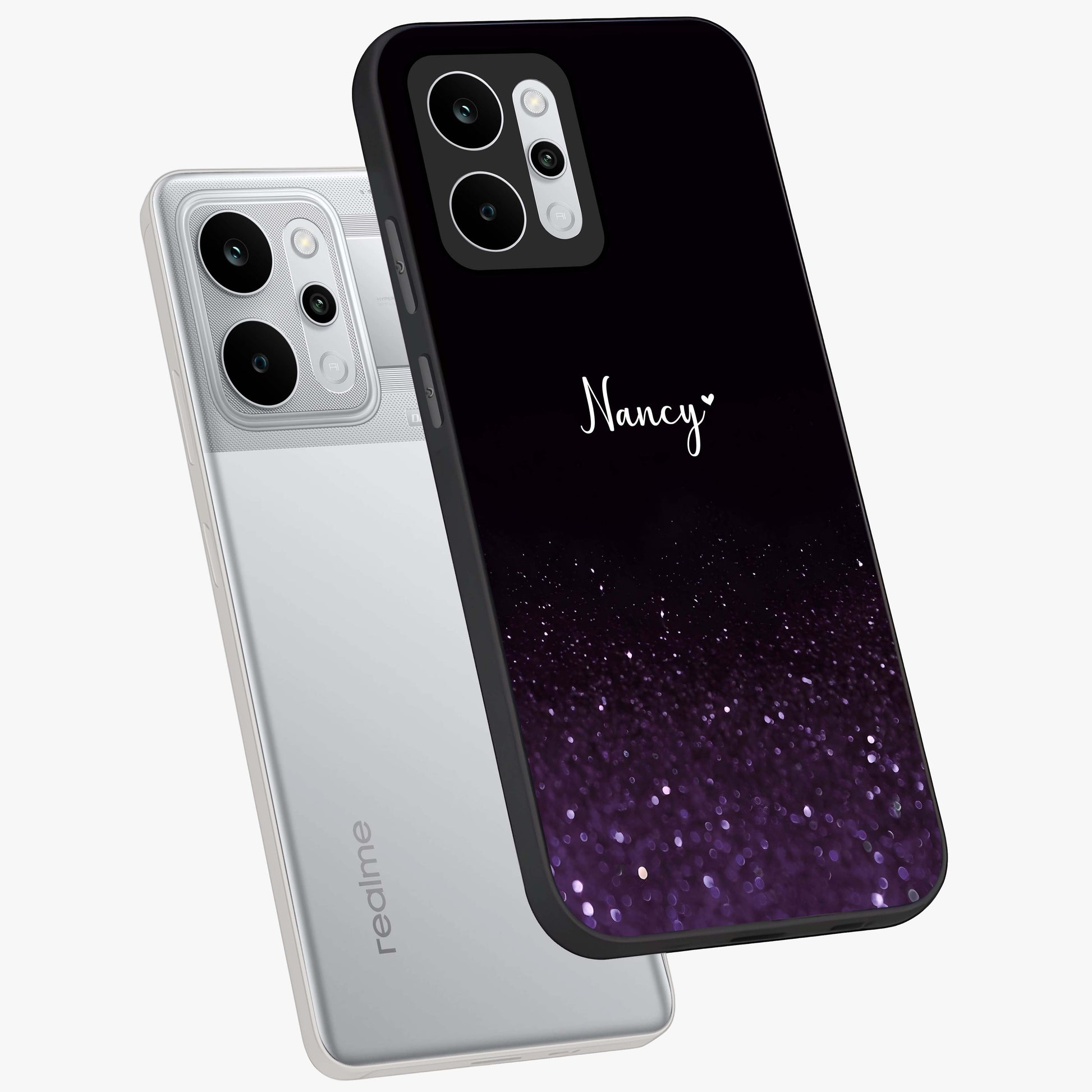 Glittery Purple Bokeh Custom Name Glass Case displayed in angled mockup highlighting glitter bokeh pattern with custom name feature.