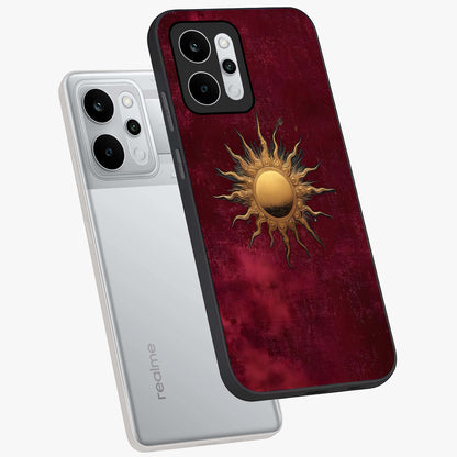 Golden Sun Minimalism Glass Case displayed in angled mockup highlighting clean sun symbol design with modern minimal aesthetic.