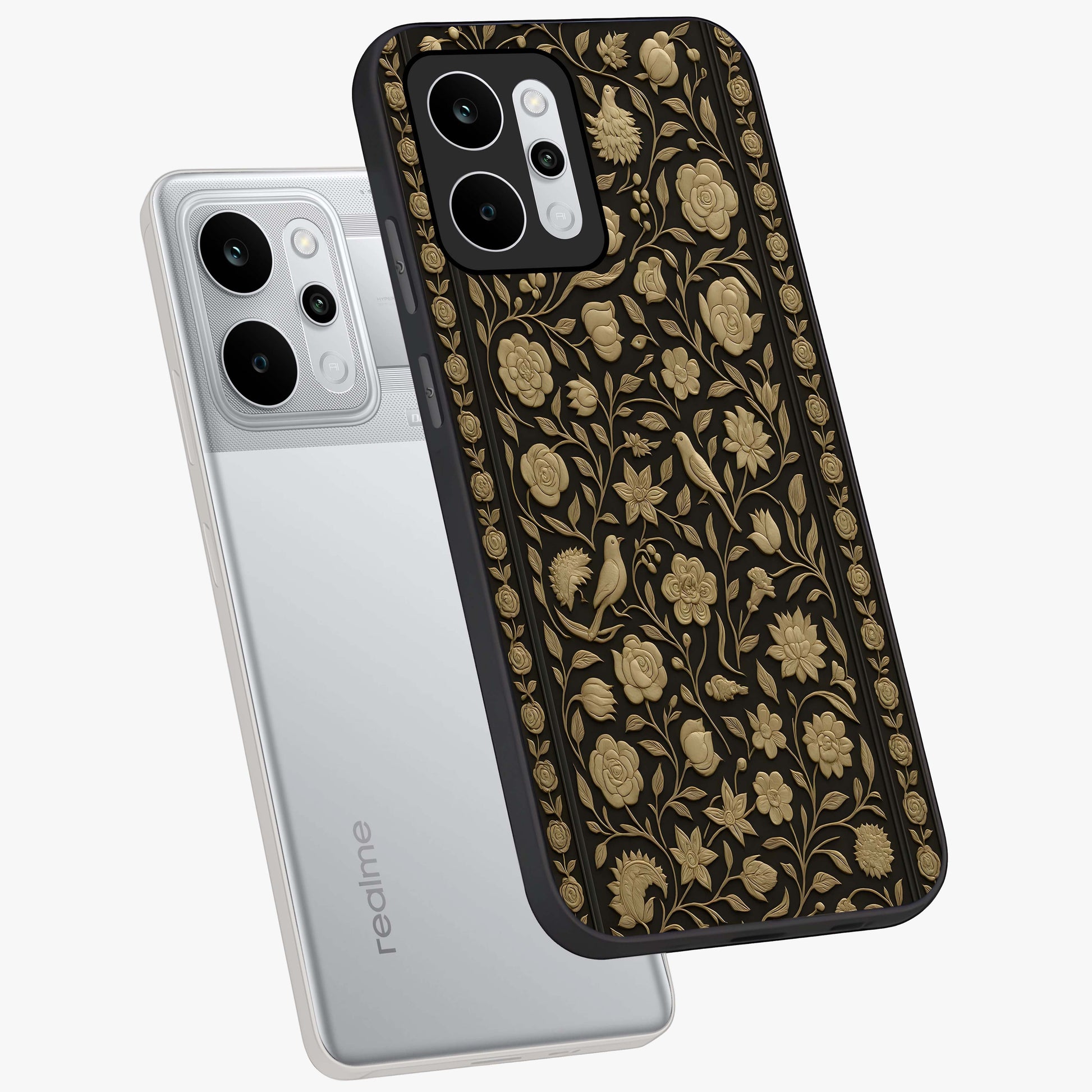 Golden Evil Eye Mandala Glass Case displayed in angled mockup highlighting protective evil eye symbol with golden mandala design.
