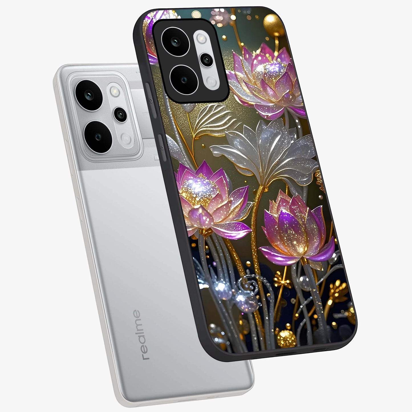 Golden Floral Majesty Glass Case displayed in angled mockup highlighting elegant flower design with royal golden aesthetic.
