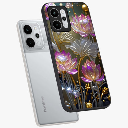 Golden Floral Majesty Glass Case displayed in angled mockup highlighting elegant flower design with royal golden aesthetic.