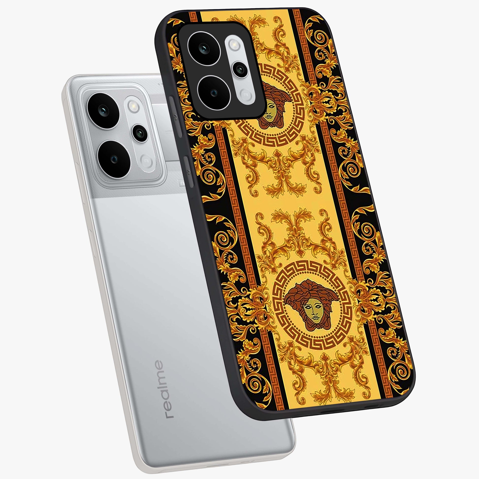 Golden Lotus Glow Glass Case displayed in angled mockup highlighting radiant lotus illustration with spiritual aesthetic.