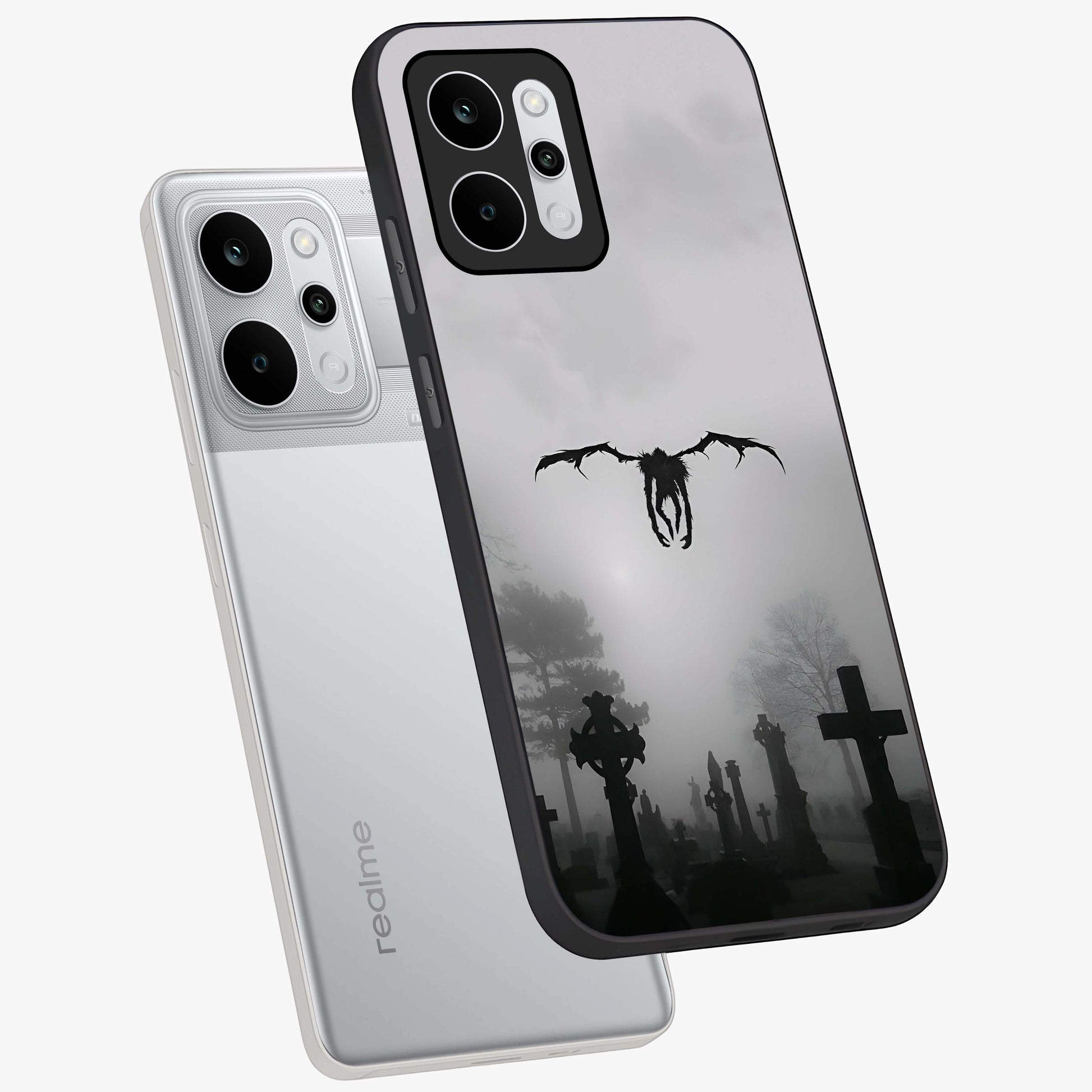 Graveyard Shadow Descent Glass Case displayed in angled mockup highlighting eerie shadow illustration with gothic aesthetic.