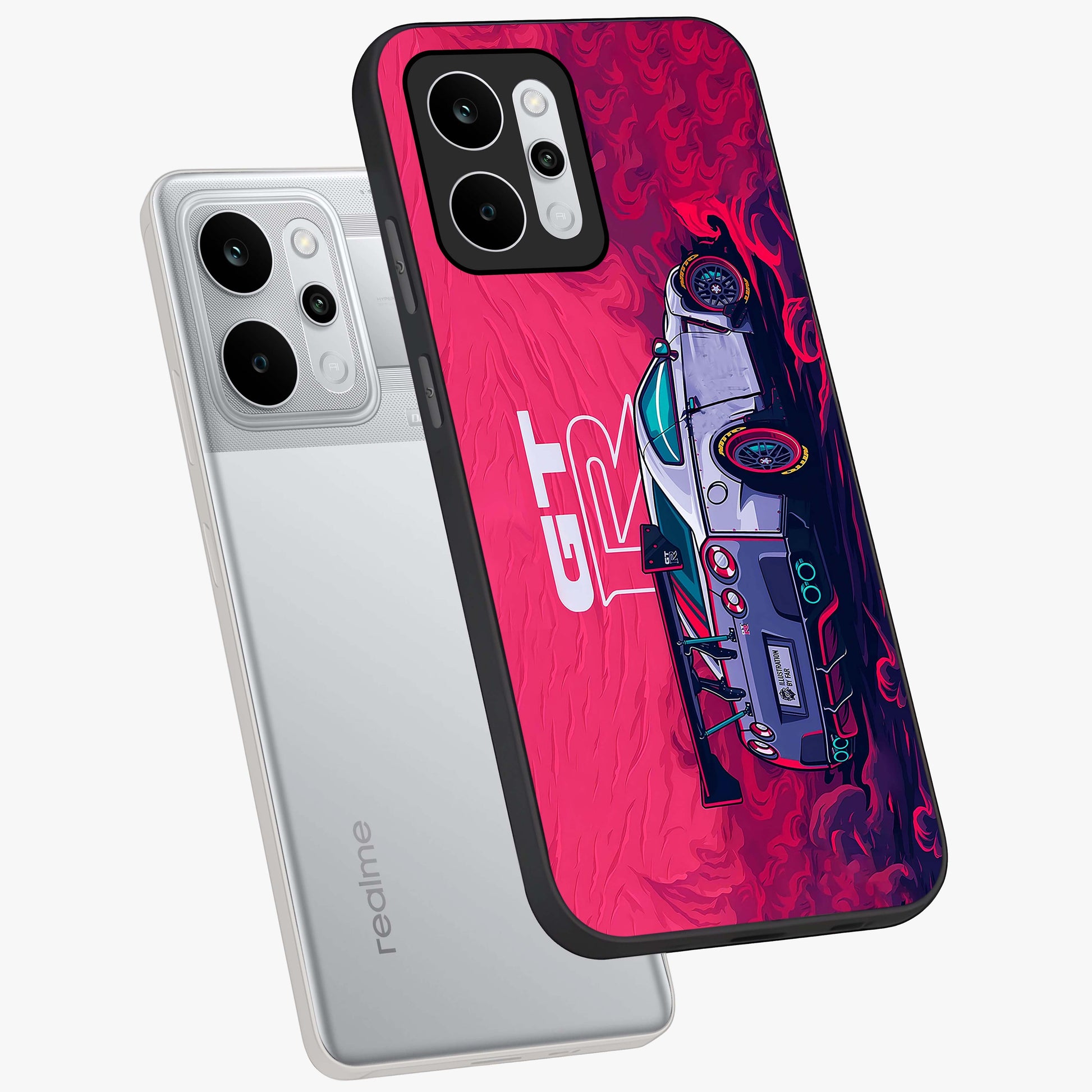 GT-R Car Pattern Glass Case displayed in angled mockup highlighting racing car graphic design with bold automotive aesthetic.