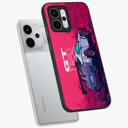 GT-R Car Pattern Glass Case displayed in angled mockup highlighting racing car graphic design with bold automotive aesthetic.