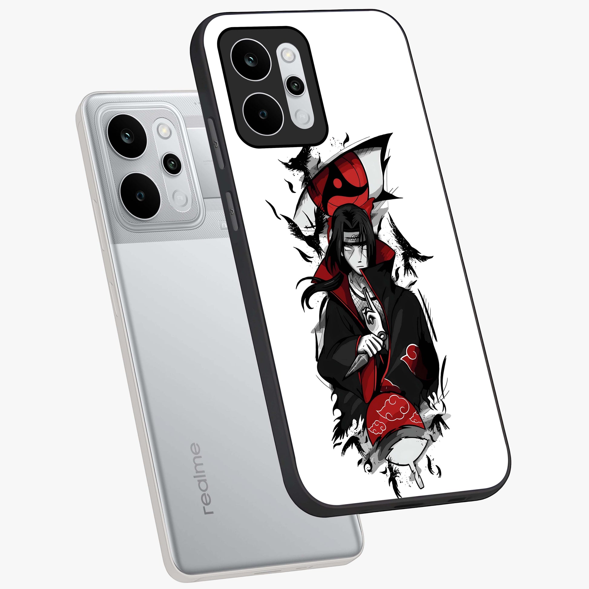 Itachi Limited Edition Naruto Anime Glass Case displayed in angled mockup highlighting dramatic anime illustration with bold action aesthetic.